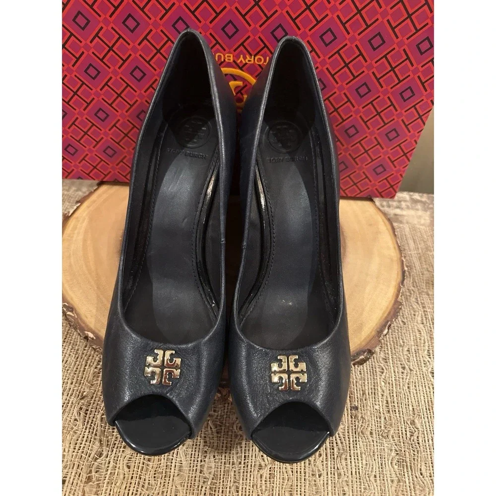 Tory Burch Jolie Peep Toe Wedge Pump Navy Blue Nappa Leather MRSP Sz-8 $290